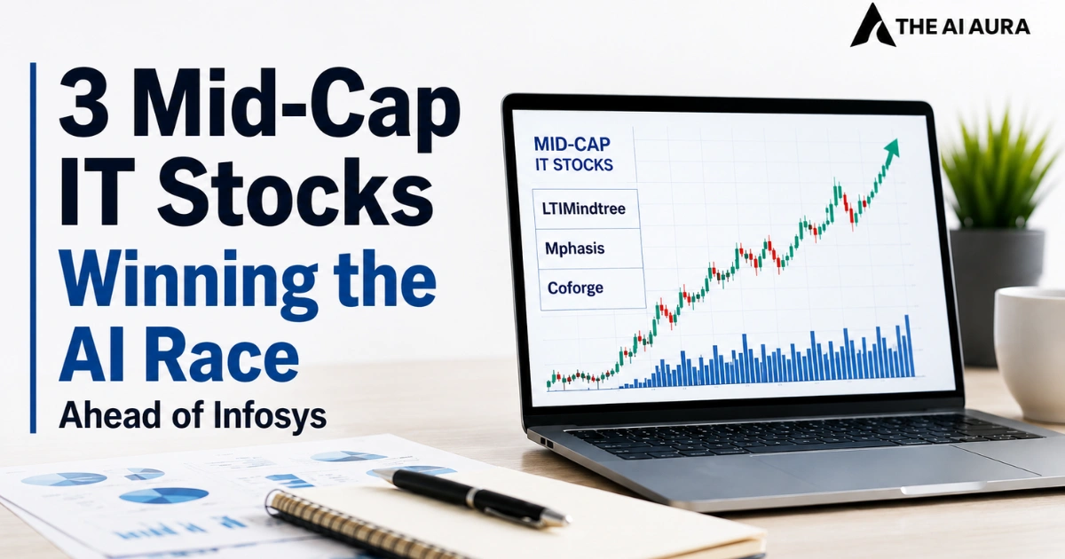 3 Mid-Cap IT stocks winning the AI race ahead of Infosys, with a rising stock chart for LTIMindtree, Mphasis, and Coforge displayed on a laptop.