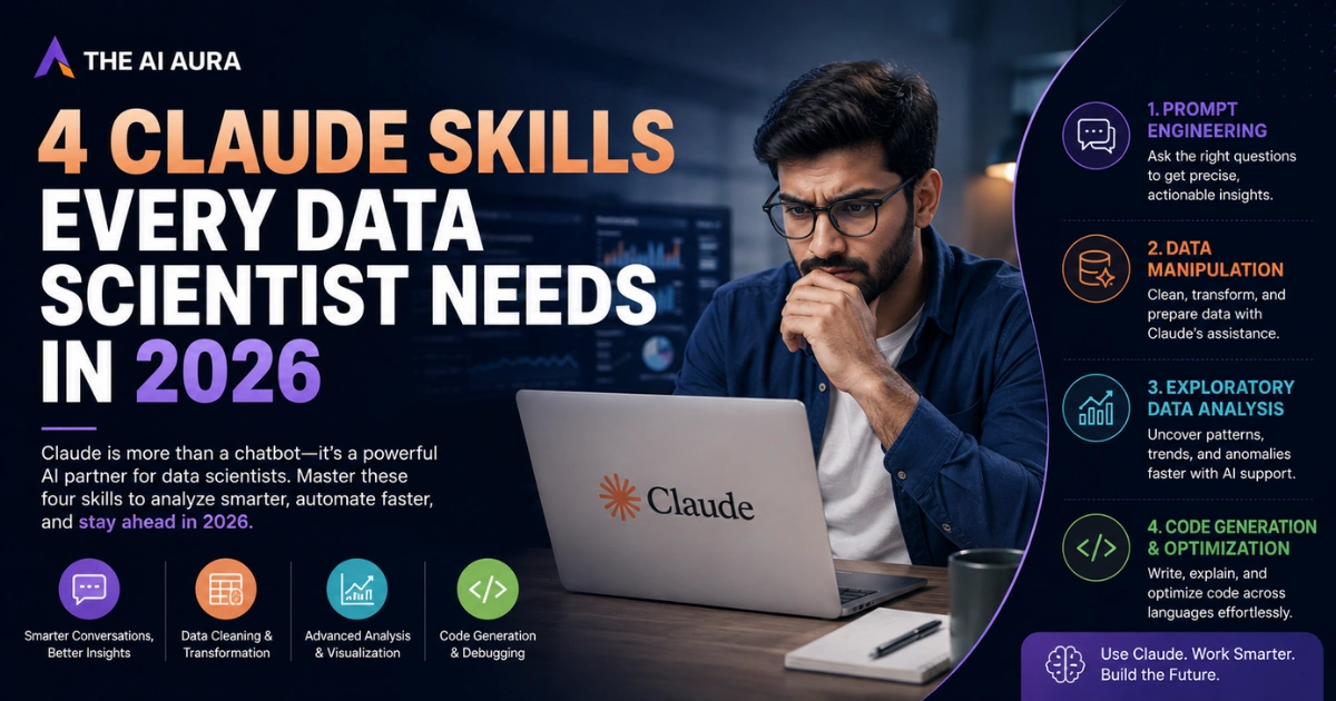 4 Claude skills every data scientist needs in 2026, featuring prompt engineering, data manipulation, exploratory data analysis, and code generation.
