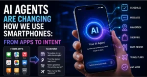 AI agents transform smartphone use from navigating apps to acting on user intent, with a smartphone AI assistant handling tasks like scheduling, messaging, navigation, shopping, food orders, and travel.