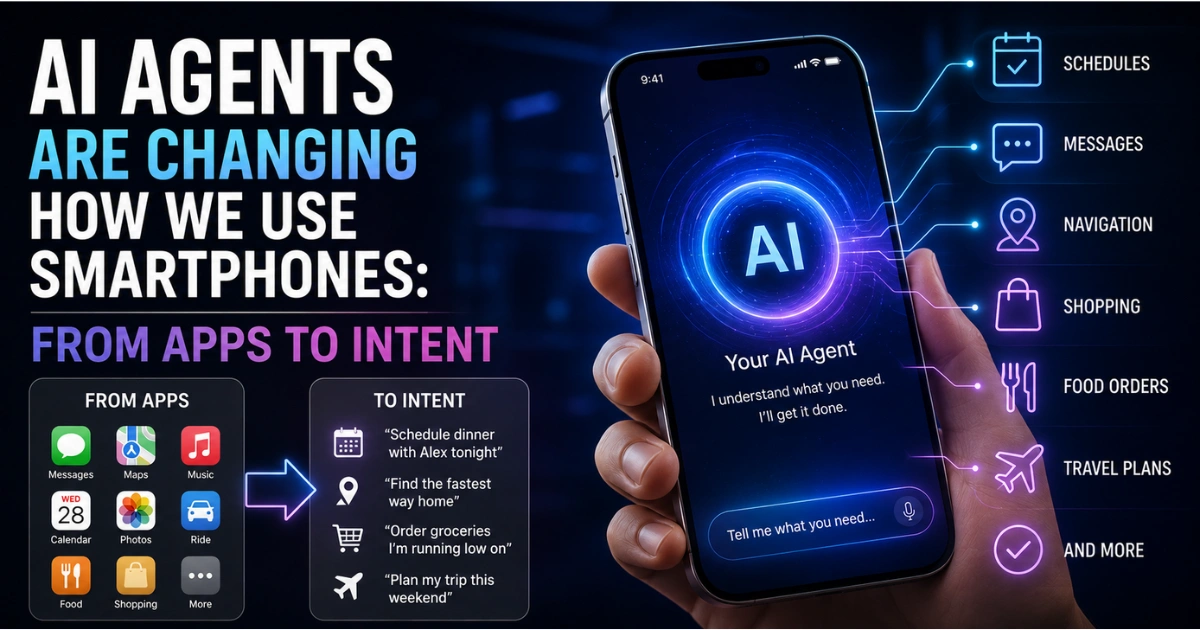AI agents transform smartphone use from navigating apps to acting on user intent, with a smartphone AI assistant handling tasks like scheduling, messaging, navigation, shopping, food orders, and travel.