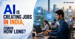 AI creating jobs in India with a professional working on a laptop and AI technology graphics in the background.