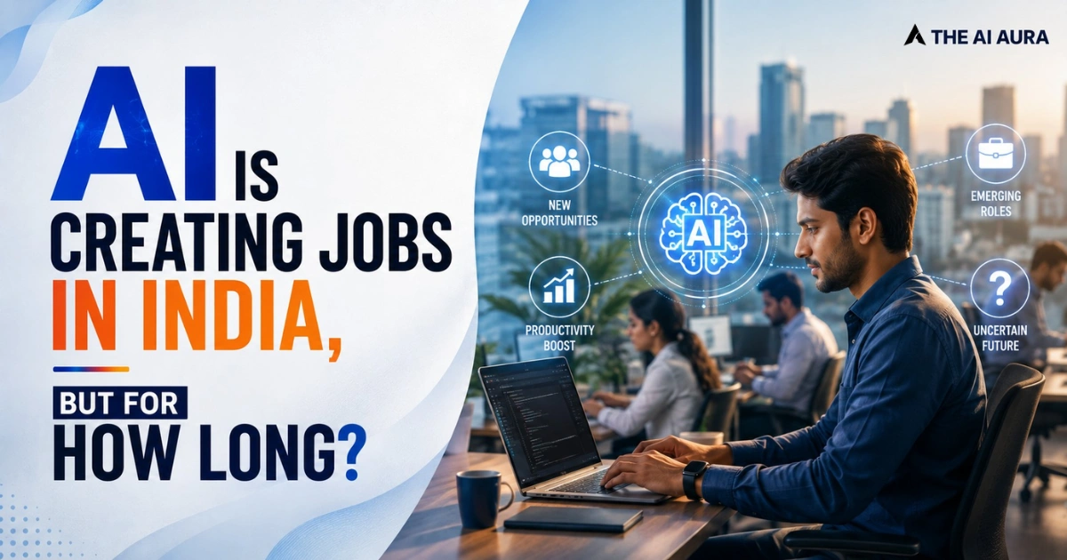 AI creating jobs in India with a professional working on a laptop and AI technology graphics in the background.