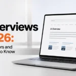 AI Overviews in 2026 displayed on a laptop, with headline text about what publishers and brands need to know and The AI Aura logo in the top-right corner.