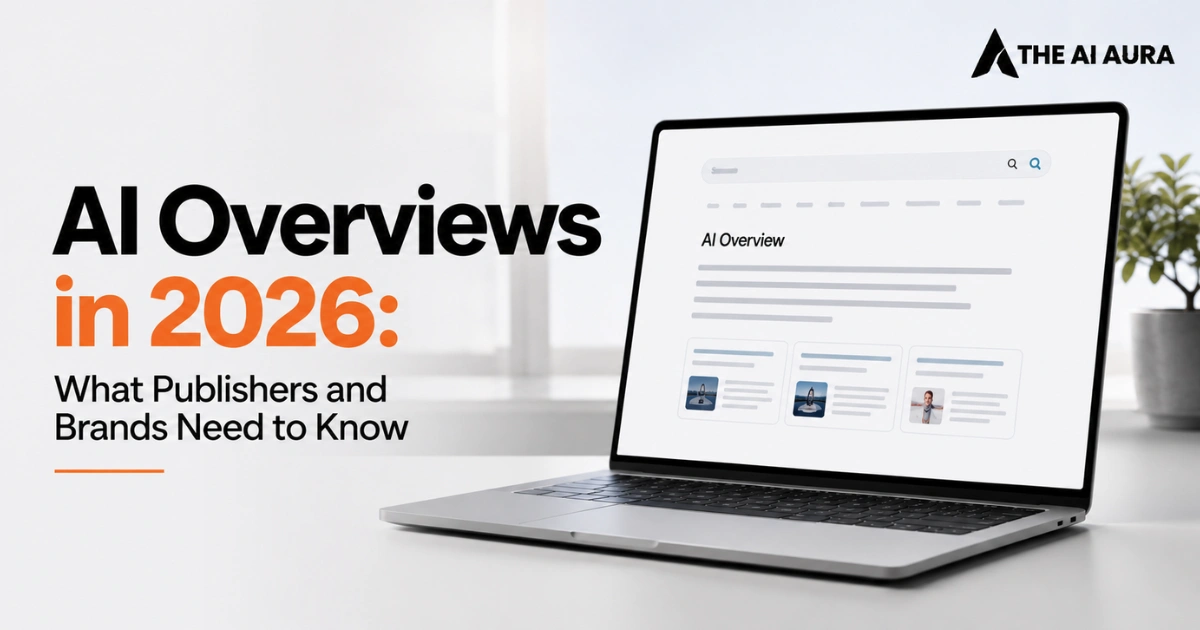 AI Overviews in 2026 displayed on a laptop, with headline text about what publishers and brands need to know and The AI Aura logo in the top-right corner.