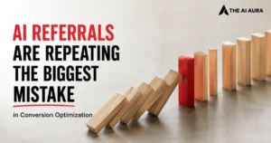 AI referrals repeating the biggest conversion optimization mistake, illustrated by falling wooden blocks and a red warning block.