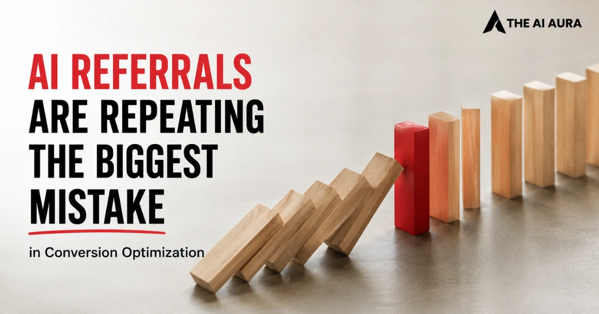 AI referrals repeating the biggest conversion optimization mistake, illustrated by falling wooden blocks and a red warning block.