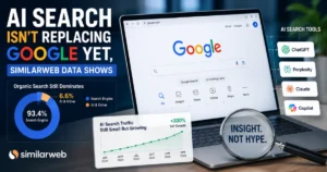 AI search is growing but has not replaced Google, with Google Search, AI search tools, Similarweb data, and traffic growth charts illustrating the changing search landscape.