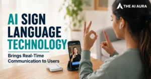 AI sign language technology enables real-time communication through live translation between a woman signing and a smartphone user.