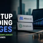 AI startup funding surges as MStack AI and Simplismart plan major funding rounds, illustrated with rising investment charts and stacked coins.