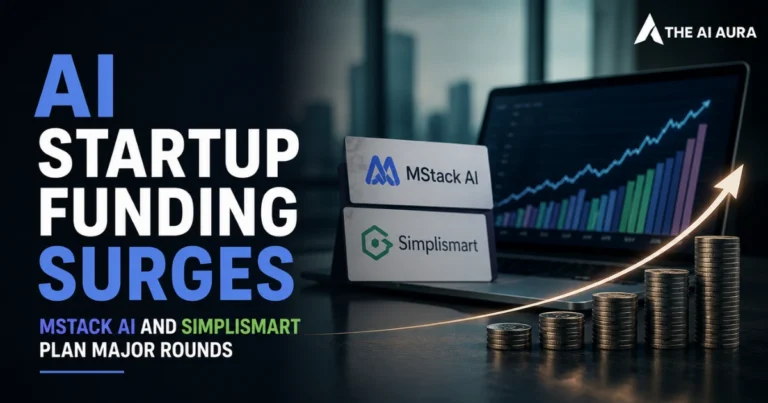 AI startup funding surges as MStack AI and Simplismart plan major funding rounds, illustrated with rising investment charts and stacked coins.