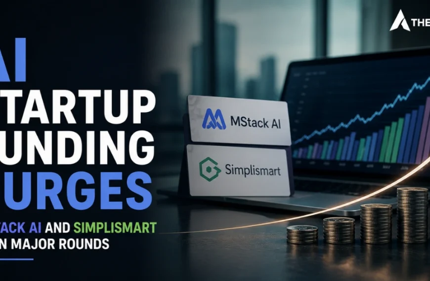 AI startup funding surges as MStack AI and Simplismart plan major funding rounds, illustrated with rising investment charts and stacked coins.