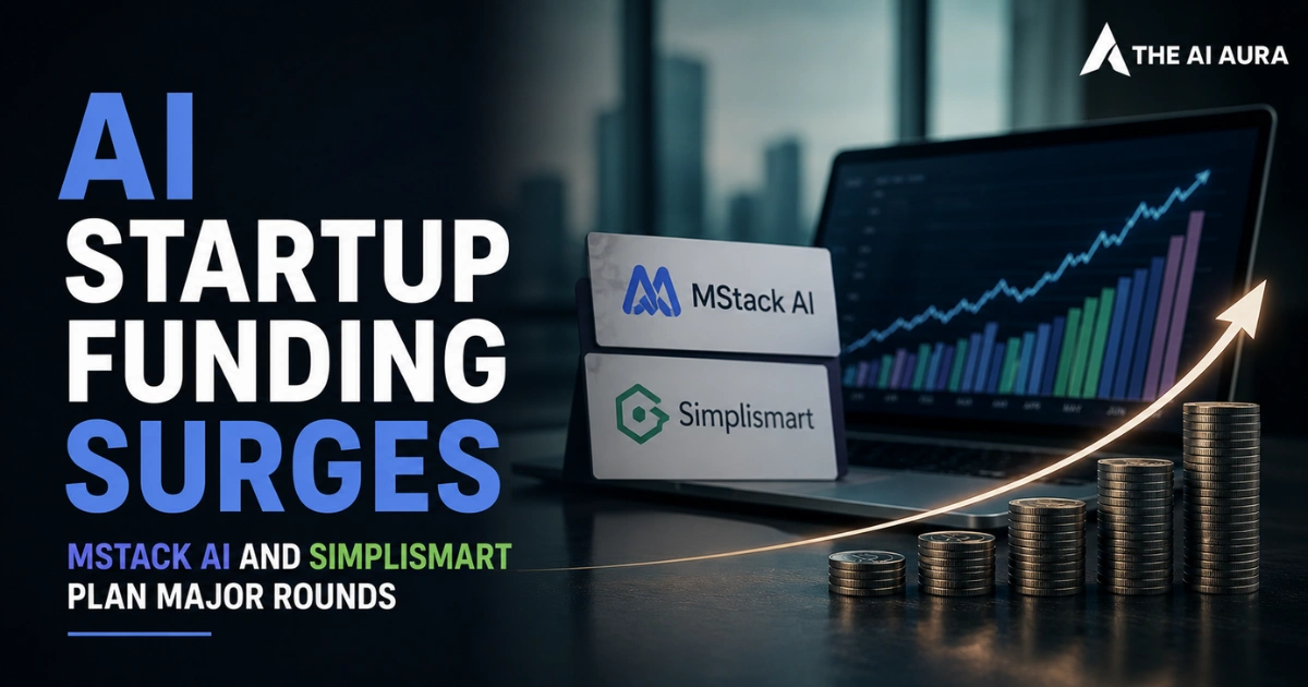 AI startup funding surges as MStack AI and Simplismart plan major funding rounds, illustrated with rising investment charts and stacked coins.