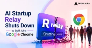 AI startup Relay shuts down as staff joins Google Chrome, shown with a cracked Relay sign and departing employees.