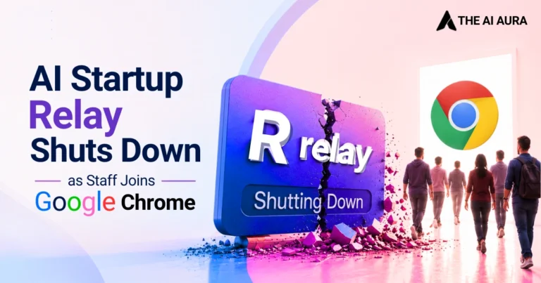 AI startup Relay shuts down as staff joins Google Chrome, shown with a cracked Relay sign and departing employees.
