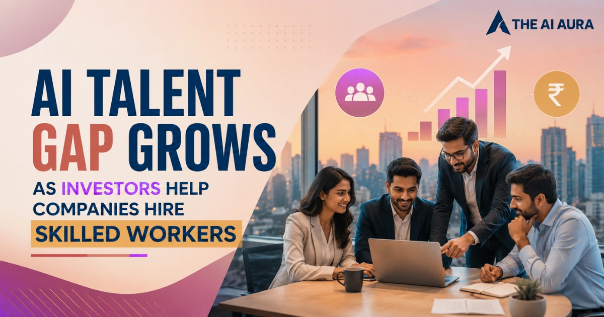 AI talent gap grows as investors help companies hire skilled workers, featuring a diverse business team collaborating on a laptop with hiring and investment growth graphics.