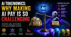 AI tokenomics concept showing an AI robot, digital tokens, revenue flow, high compute costs, unclear pricing, user willingness to pay, data privacy concerns, and challenges in making AI profitable.