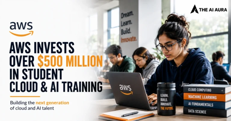 AWS invests over $500 million in student cloud and AI training, featuring a student using an AWS laptop in a learning environment.