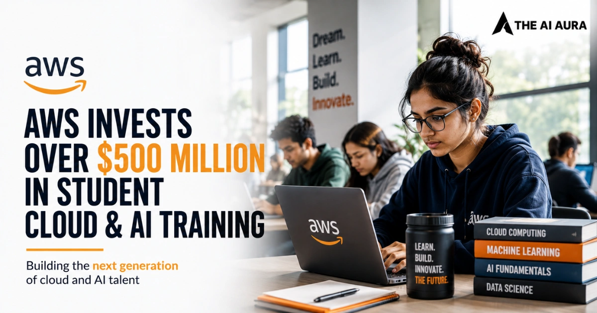AWS invests over $500 million in student cloud and AI training, featuring a student using an AWS laptop in a learning environment.