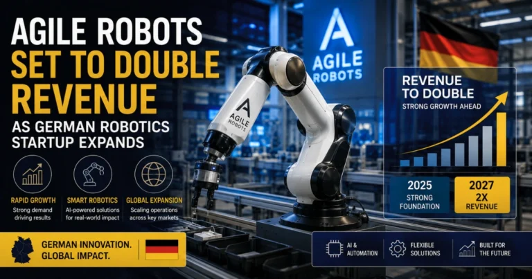 Agile Robots’ German robotics startup expansion, featuring an AI-powered industrial robot arm, rising revenue chart, and visuals highlighting automation, smart robotics, and global growth.