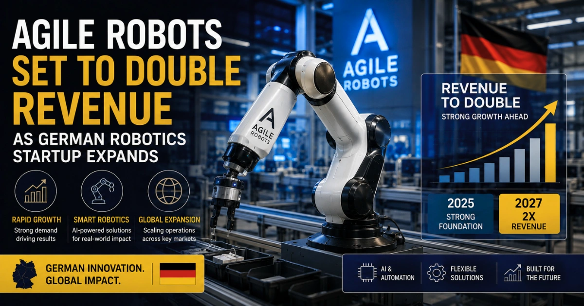Agile Robots’ German robotics startup expansion, featuring an AI-powered industrial robot arm, rising revenue chart, and visuals highlighting automation, smart robotics, and global growth.