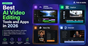 Best AI video editing tools and apps in 2026, featuring Adobe Premiere Pro, CapCut, Opus Clip, and Descript.