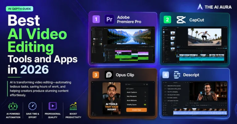 Best AI video editing tools and apps in 2026, featuring Adobe Premiere Pro, CapCut, Opus Clip, and Descript.