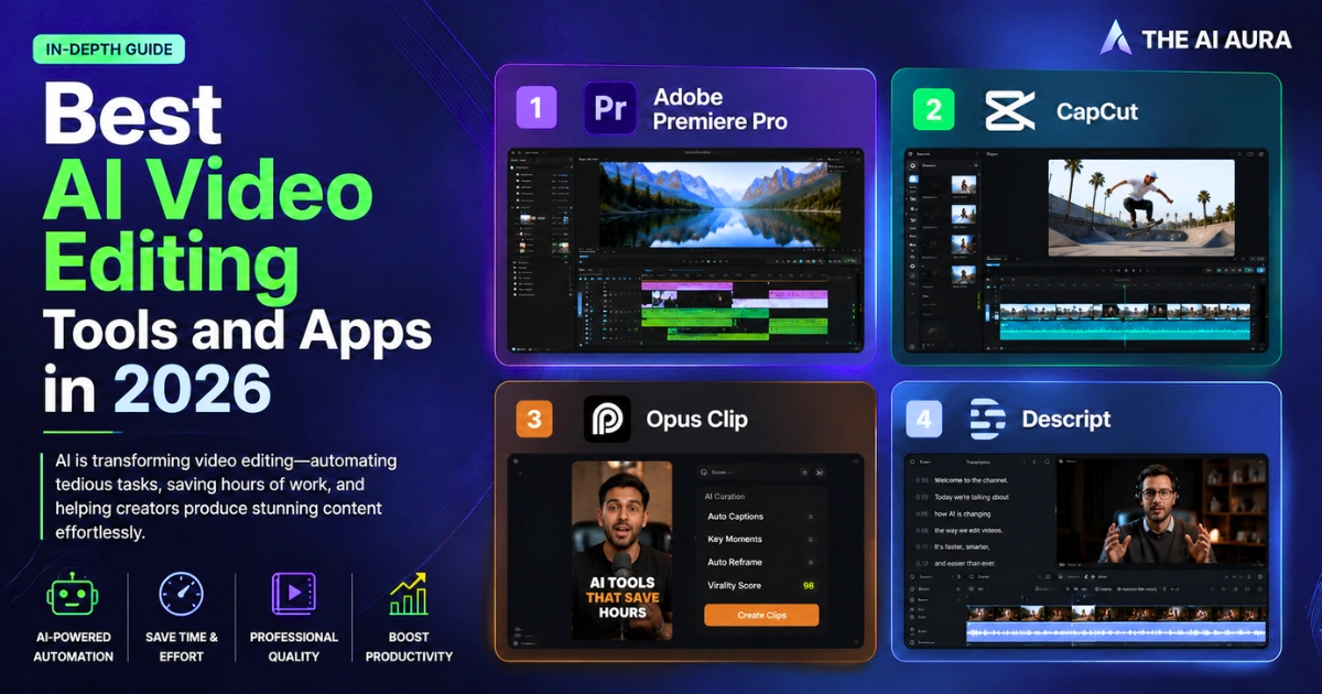 Best AI video editing tools and apps in 2026, featuring Adobe Premiere Pro, CapCut, Opus Clip, and Descript.