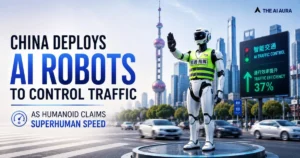 China deploys AI robots to control traffic, with a humanoid robot directing vehicles in a busy Shanghai city street.