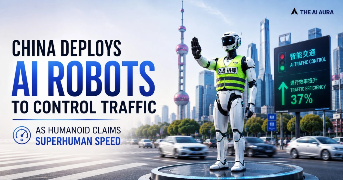 China deploys AI robots to control traffic, with a humanoid robot directing vehicles in a busy Shanghai city street.