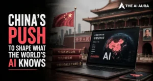 China’s AI push to shape global knowledge, featuring the Chinese flag, traditional architecture, Chinese-language books, and an AI map of China on a laptop.