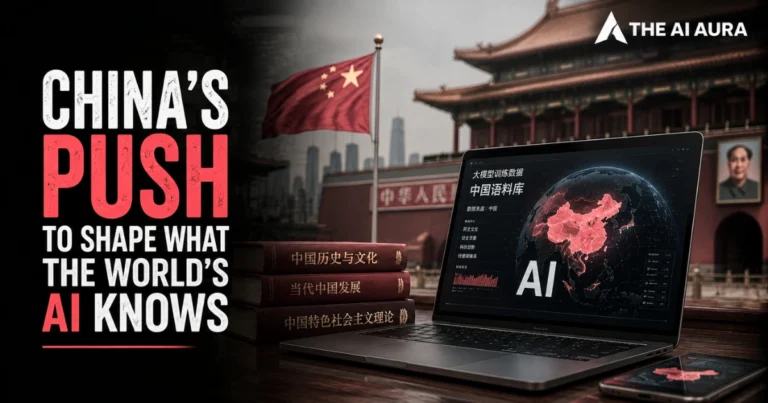 China’s AI push to shape global knowledge, featuring the Chinese flag, traditional architecture, Chinese-language books, and an AI map of China on a laptop.