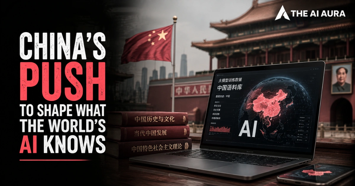 China’s AI push to shape global knowledge, featuring the Chinese flag, traditional architecture, Chinese-language books, and an AI map of China on a laptop.