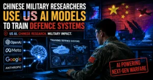Chinese military researcher using US AI models in a digital defence command center, with AI systems, military technology graphics, and US and Chinese symbols illustrating AI use in defence research.