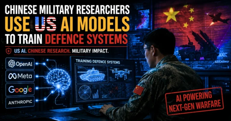 Chinese military researcher using US AI models in a digital defence command center, with AI systems, military technology graphics, and US and Chinese symbols illustrating AI use in defence research.
