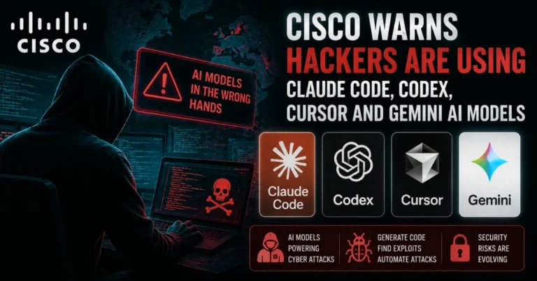 Cisco warns that hackers are exploiting AI coding tools including Claude Code, Codex, Cursor, and Gemini, illustrated with a hooded hacker, cybersecurity alerts, AI model logos, and digital threat visuals.