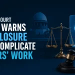 Delhi High Court warns that AI disclosure requirements could complicate lawyers’ work, illustrated with legal scales, a gavel, law books, and an AI disclosure graphic.