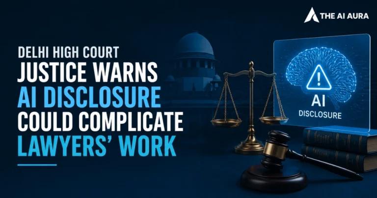 Delhi High Court warns that AI disclosure requirements could complicate lawyers’ work, illustrated with legal scales, a gavel, law books, and an AI disclosure graphic.