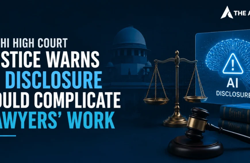 Delhi High Court warns that AI disclosure requirements could complicate lawyers’ work, illustrated with legal scales, a gavel, law books, and an AI disclosure graphic.