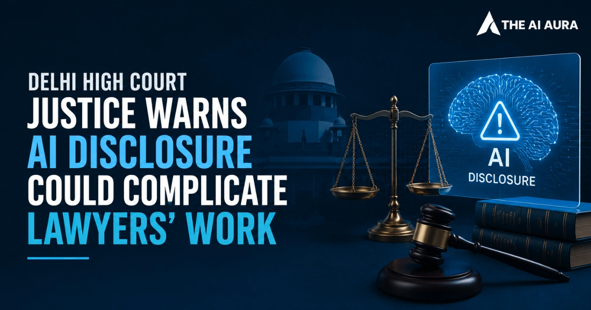 Delhi High Court warns that AI disclosure requirements could complicate lawyers’ work, illustrated with legal scales, a gavel, law books, and an AI disclosure graphic.
