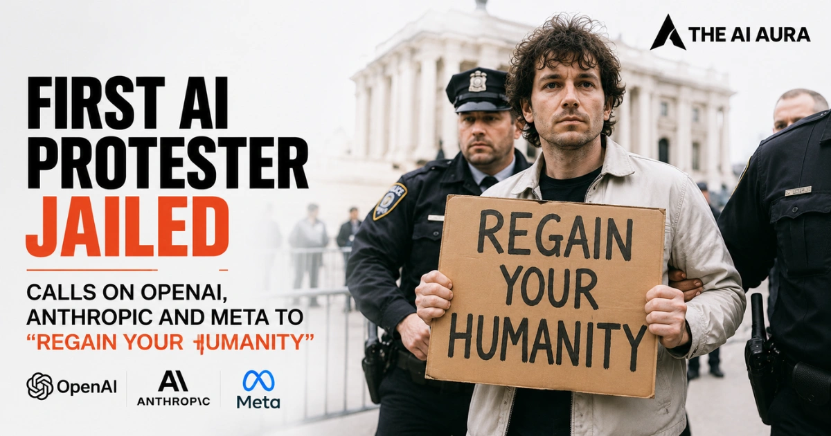 First AI protester jailed while calling on OpenAI, Anthropic, and Meta to “regain your humanity” with police officers in the background.