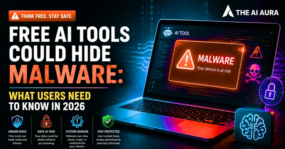 Free AI tools could hide malware, with a warning graphic showing a laptop at risk and key cybersecurity risks for users in 2026.