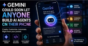 Google Gemini AI agents on a smartphone, showing users creating, customizing, and automating tasks such as answering questions, scheduling events, summarizing articles, and managing workflows.