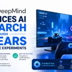 Google DeepMind advances AI research through 15 years of video game experiments, featuring a game screen, controller, and AI learning timeline.