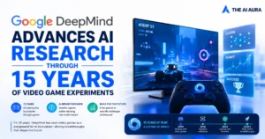 Google DeepMind advances AI research through 15 years of video game experiments, featuring a game screen, controller, and AI learning timeline.