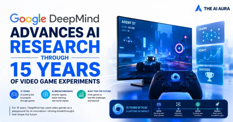 Google DeepMind advances AI research through 15 years of video game experiments, featuring a game screen, controller, and AI learning timeline.