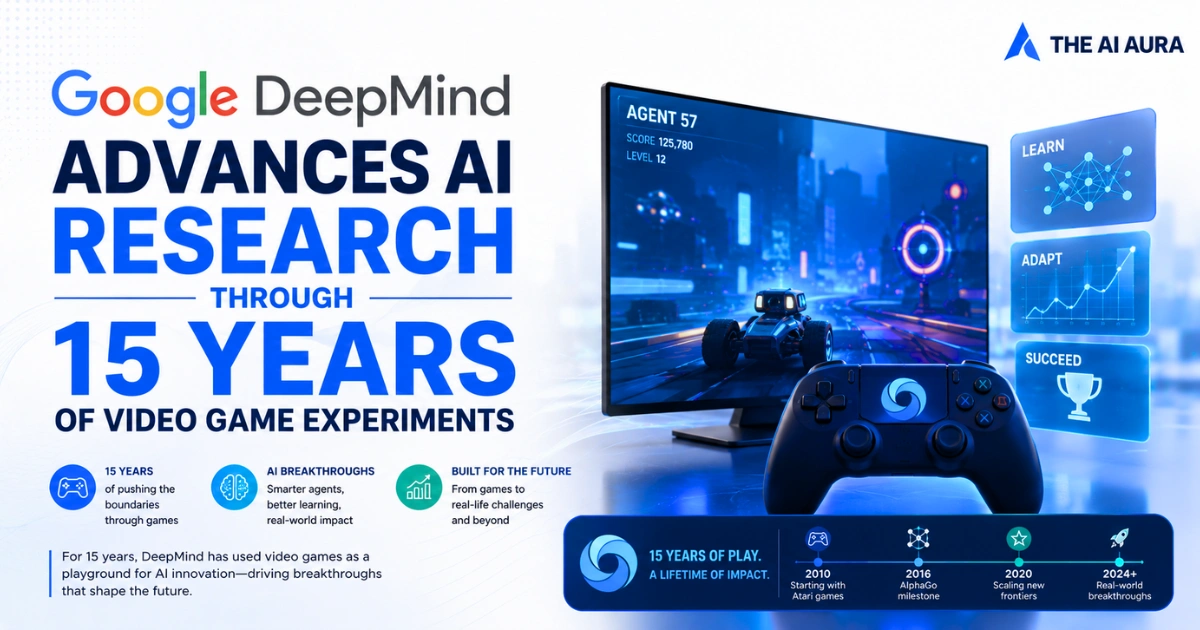 Google DeepMind advances AI research through 15 years of video game experiments, featuring a game screen, controller, and AI learning timeline.
