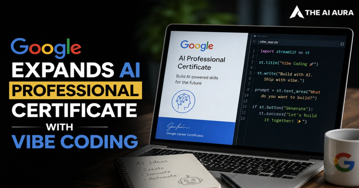 Google expands its AI Professional Certificate with vibe coding, featuring an AI certificate and coding interface on a laptop.