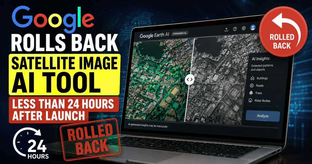 Google rolls back its satellite image AI tool less than 24 hours after launch, featuring Google Earth AI, satellite imagery, AI insights, and a prominent rollback warning.