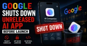 Google shuts down an unreleased AI app before launch, featuring a smartphone AI assistant marked “Shut Down” and visuals representing the cancelled project.