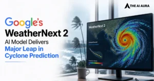 Google WeatherNext 2 AI model displayed on a monitor showing a cyclone forecast and weather map.
